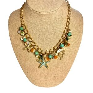Womens Statement Necklace Gold Tone Starfish Blue Nautical